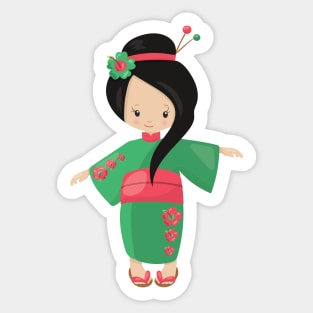 Japanese Girl, Japan, Cute Girl, Green Kimono Sticker